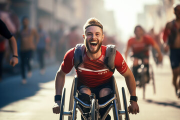 A male paraathlete who moves in a wheelchair actively participates in sports competitions for para athletes, and he takes part in a marathon race in wheelchairs.