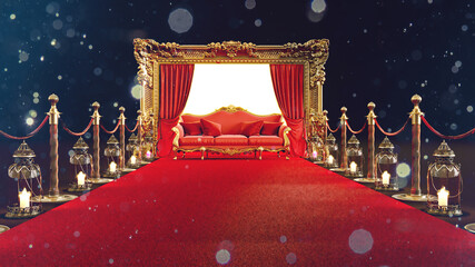 3D render of red carpet with gold barriers leading to a red luxury sofa, vip concept