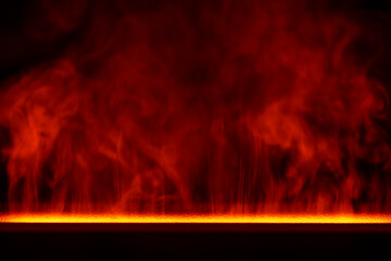 Water red vapor from the humidifier on a black background, closeup. Abstract flowing steam smoke with from the humidifier - obrazy, fototapety, plakaty