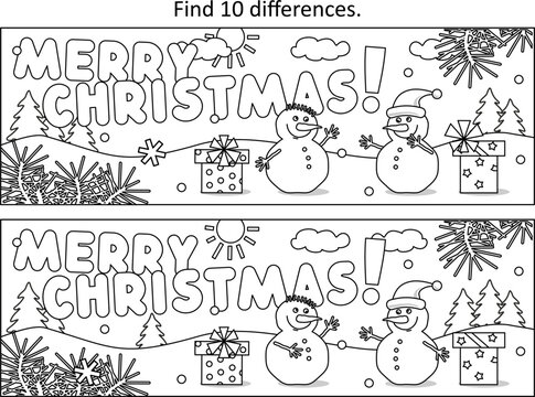 Merry Christmas! Difference game or picture puzzle with wish text, friendly snowmen, gifts or presents
