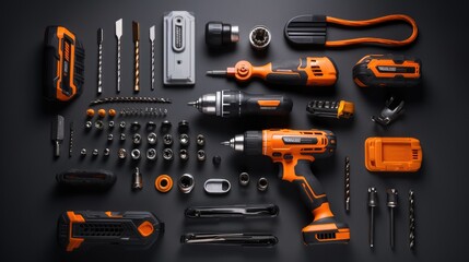 flat lay of engineer mechanic power tools on the table