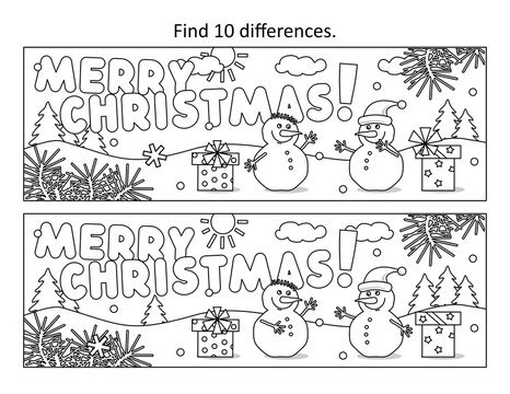 Merry Christmas! Difference game or picture puzzle with wish text, friendly snowmen, gifts or presents
