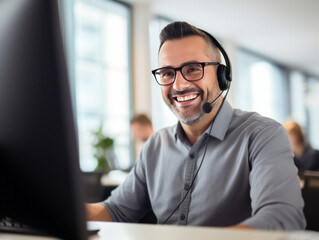Young handsome male technical support agent trying to explain something to a client while using hands-free headset at call center - obrazy, fototapety, plakaty