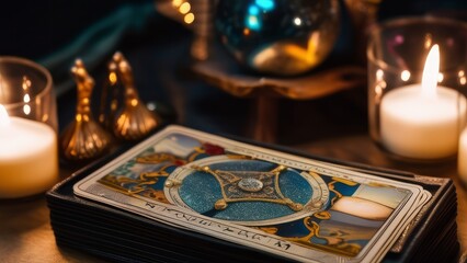 Close up shot of tarot cards and magic crystal ball