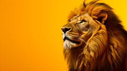 Captivating close-up of a majestic lion against a bold yellow background