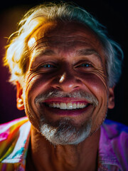 Hombre mayor sonriente con el pelo blanco iluminado por el sol