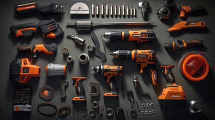 flat lay of engineer mechanic power tools on the table