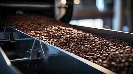 Arabica coffee beans promoted on an industrial conveyor - obrazy, fototapety, plakaty