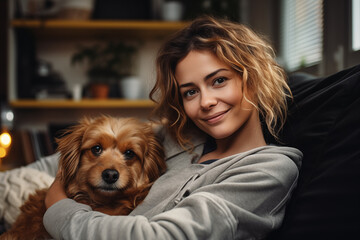 portrait of a woman relaxing on sofa with her dog buddy. cozy home atmosphere