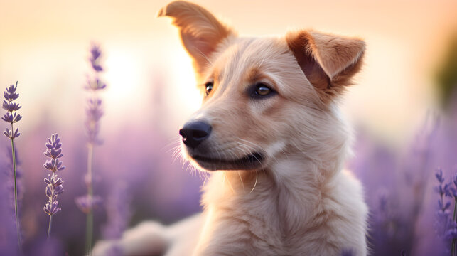  Heartwarming image of a loyal dog sitting patiently, with a soft lavender background providing a calming atmosphere