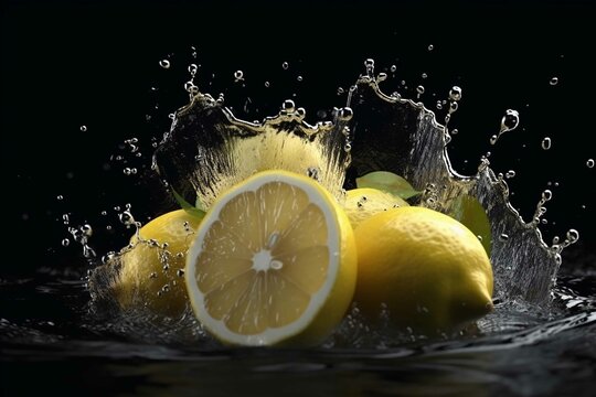 Lemon fruits in water splash flow. Natural of juicy product with lemon slices. Natural fresh food
