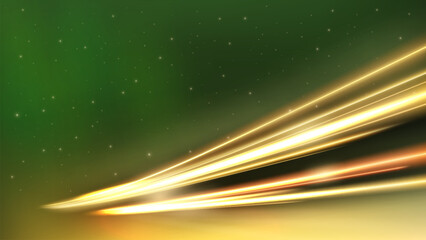 Gold Light Trails with Green Aurora, Long Time Exposure Motion Blur Effect, Vector Illustration