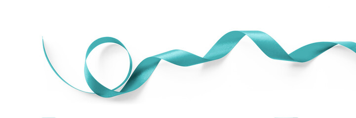 Teal bow ribbon band satin blue stripe fabric (isolated on white background with clipping path) for...