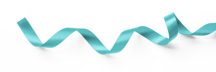 Teal bow ribbon band satin blue stripe fabric (isolated on white background with clipping path) for holiday gift box, wedding greeting card banner, present wrap design decoration ornament