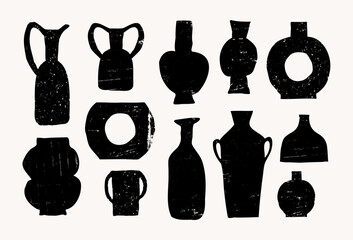 Vector hand-drawn trendy clay pots, vases, jugs, jars collection. Textured black ceramics design elements, pottery logo illustrations, isolated on white background.