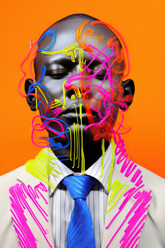 Colorful metaverse black businessman avatar on vibrant background