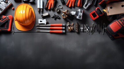 flat lay of engineer mechanic power tools on the table - obrazy, fototapety, plakaty