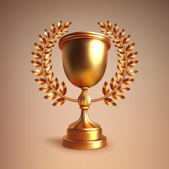 Realistic Golden Trophy with Gold Laurel Wreath, Vector Illustration