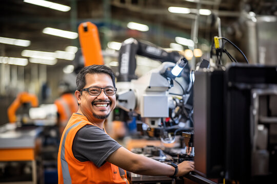 Generative AI image of an Happy Engineer Operating Industrial Robot