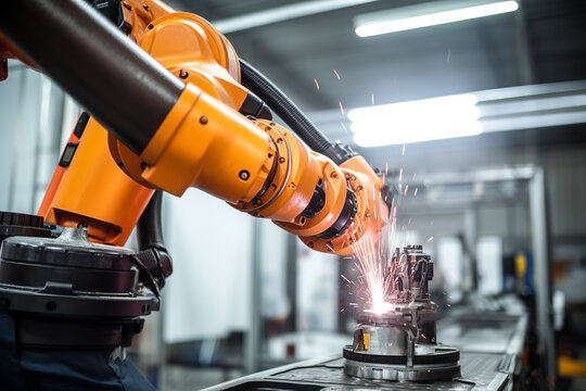 Generative AI image of industrial robot arm welding in factory