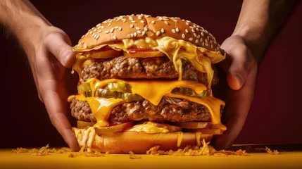 Foto op Plexiglas background unhealthy burger food close illustration fast junk, meal tasty, greasy calories background unhealthy burger food close © vectorwin