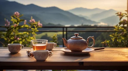 Fotobehang cup of tea on the terrace © Malaika