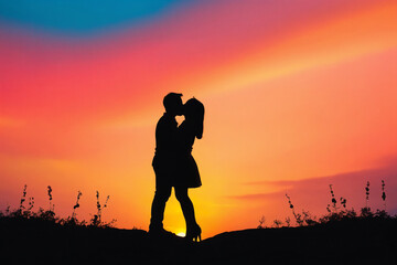 2D silhouette of a couple sharing a kiss against a colourful sunset