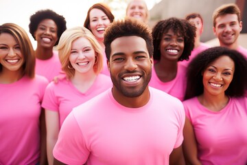 group of young friends in pink