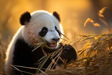 Panda Bear Eating Bamboo in a Field