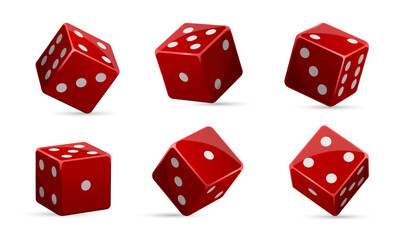 Turned vegas casino red dice in row. One to six position cube. Take chance. Gambling addiction, risky money, lucky game. Concept of playing via cash. Isolated on white background. Vector illustration
