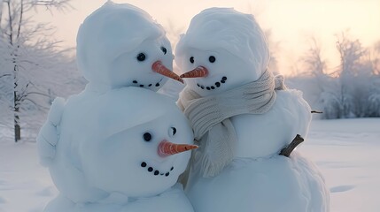 three snowmen in the snow