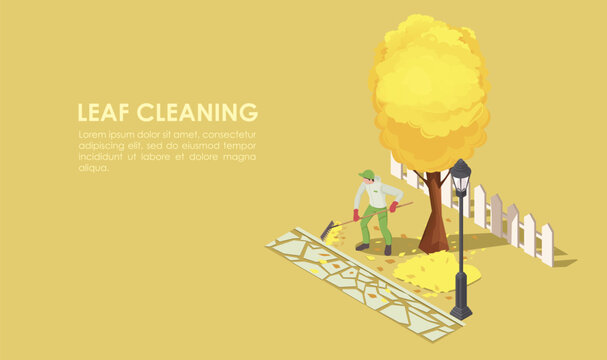 Autumn leaf cleaning, fall clean up, garbage season. Concept of urban gardening, raking leaves. Environment pollution. Yellow background. Isometric vector illustration