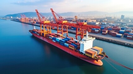 aerial view of Logistics and transportation of Container Cargo ship with working crane bridge in shipyard , logistic import export and transport industry background