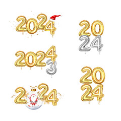 Set of Golden realistic metallic balloons numbers 2024 with confetti, isolated on white.