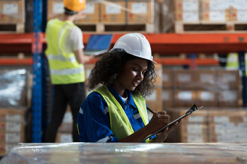 Warehouse and storage concept. African American female warehouse worker checking barcodes on boxes...