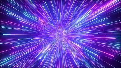 Abstract hyper speed background. Movements of big data cyberspace. Dynamic light lines on the speed. Futuristic explosion of light. Colored rays in motion. 3D rendering.