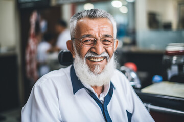 Portrait of happy turkish elder man with haircut in barbershop background, barber shop for pensioner concept - obrazy, fototapety, plakaty