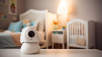 Video camera CCTV for control baby near crib with child room - obrazy, fototapety, plakaty