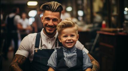 Happy hipster family child boy son and dad in barbershop with fashion haircut, background barber shop lifestyle. - obrazy, fototapety, plakaty