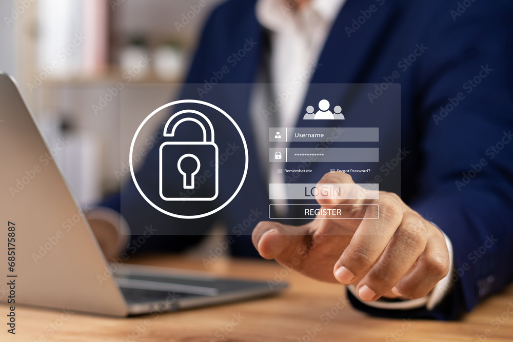 Poster cyber security concept, user enters password to login to privacy and protect personal data, secure t