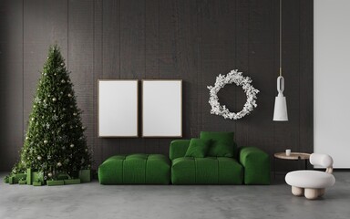 Cozy christmas living room decorated big christmas pine tree, garlands,green sofa, gifts under the tree, natural oak acoustic slat wood panel on the wall.New year's interior.3d render