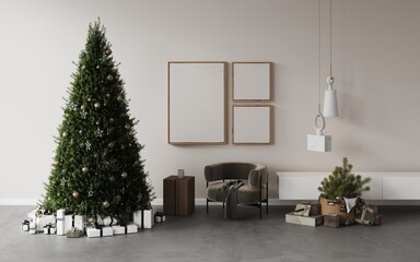 Cozy christmas living room decorated big christmas pine tree, garlands, armchair, gifts under the tree, natural oak acoustic slat wood panel on the wall.New year's interior. Empty frame.3d render
