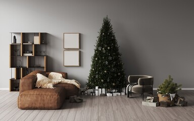 Cozy christmas white living room decorated big christmas pine tree, new year's decor, garlands, brown sofa, gifts under the tree, empty wooden frame. Template, background for xmas card