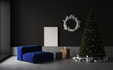 Christmas living room with decorated сhristmas wreath, decorations, garlands, candles, grey sofa. Christmas tree branches in a vase. Template, background for card. New Year celebration and xmas