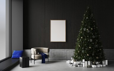 Cozy christmas living room decorated big christmas pine tree, garlands, green sofa, empty frame on the wall, mockup for art, gifts under the tree. Panoramic window. New year's interior.3d render