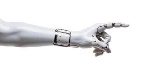 Robot hand pointing index finger, showing gesture, isolated on white background