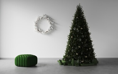 Empty christmas living room decorated big christmas pine tree, garlands, gifts under the tree, green velvet pouf on the floor. New year's interior. Green pouf.3d render