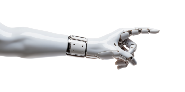 Robot hand pointing index finger, showing gesture, isolated on white background