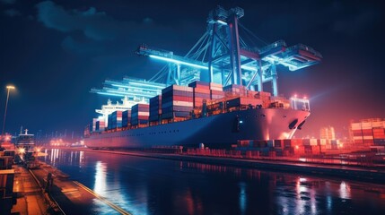 Naklejka premium Night view of the large container ship in the container port. Tracking of loading and delivery. Logistics solutions in the future.