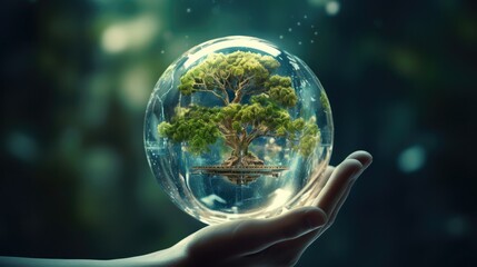 crystal glass globe ball and green energy in hand saving the environment - obrazy, fototapety, plakaty